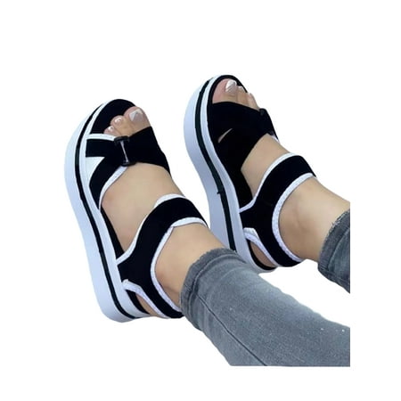 

Woobling Ladies Wedge Sandals Summer Platform Sandal Beach Casual Shoes Work Magic Tape Ankle Strap Breathable Black 8.5