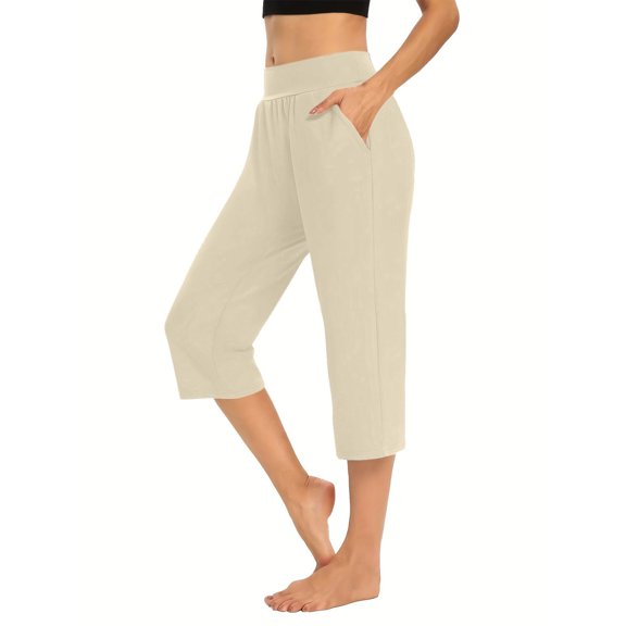 Yoga Pants With Pockets For Women Solid Elastic Waist Cropped Casual Stretchy Stylish Womens Capri Pants Beige S-5XL