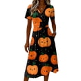 thumbnail image 4 of Women's Halloween Dresses Bat Pumpkin Short Sleeve Horror Dresses Spider Webeb V Neck Spooky Midi Dresses, S, 4 of 5