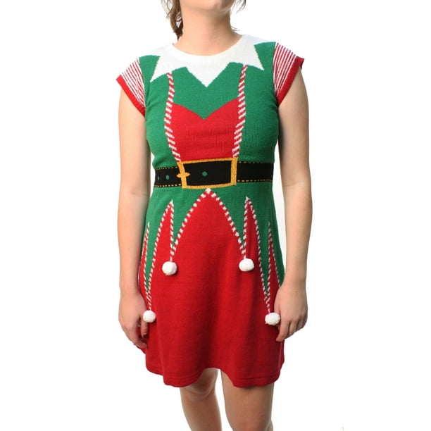 Ugly Christmas Sweater Women's 3D Pom Pom Elf Sweater Dress 