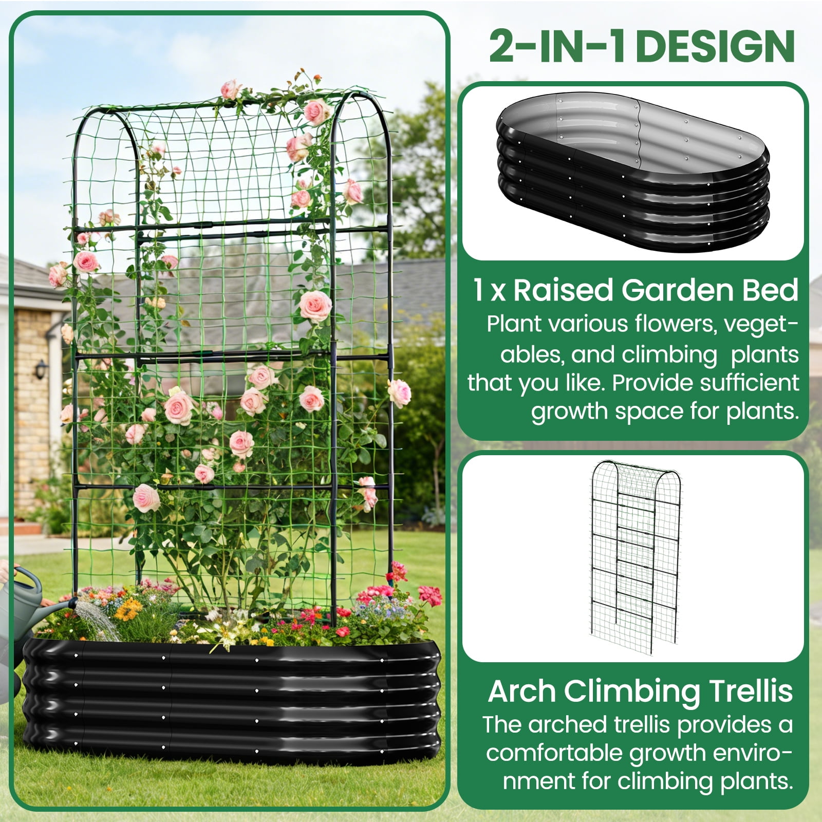 MOPHOTO 71inch Raised Garden Bed Arched Trellis Galvanized Planter Backyard Box Outdoor for Gardening,Climbing Vegetables,Plants,Flowers(Black)