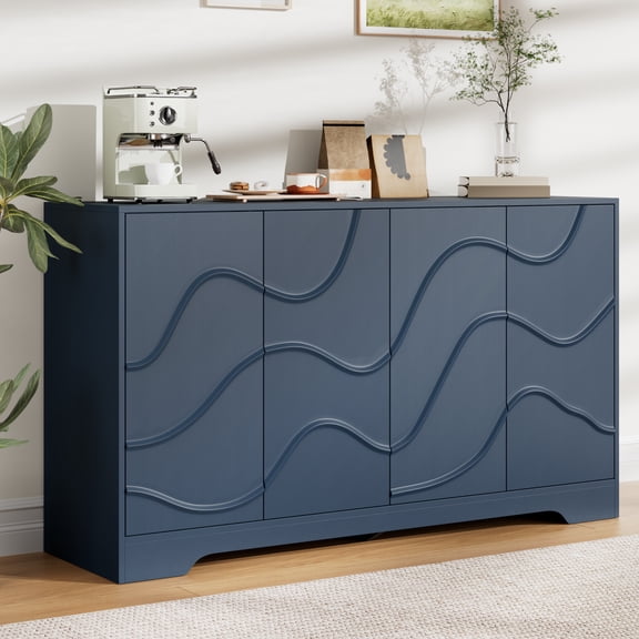 WARAYZ Blue Tone Sideboard Cabinet, 55.9" Wide, 3D Wave Doors, Handleless, Adjustable Shelves, Large Storage