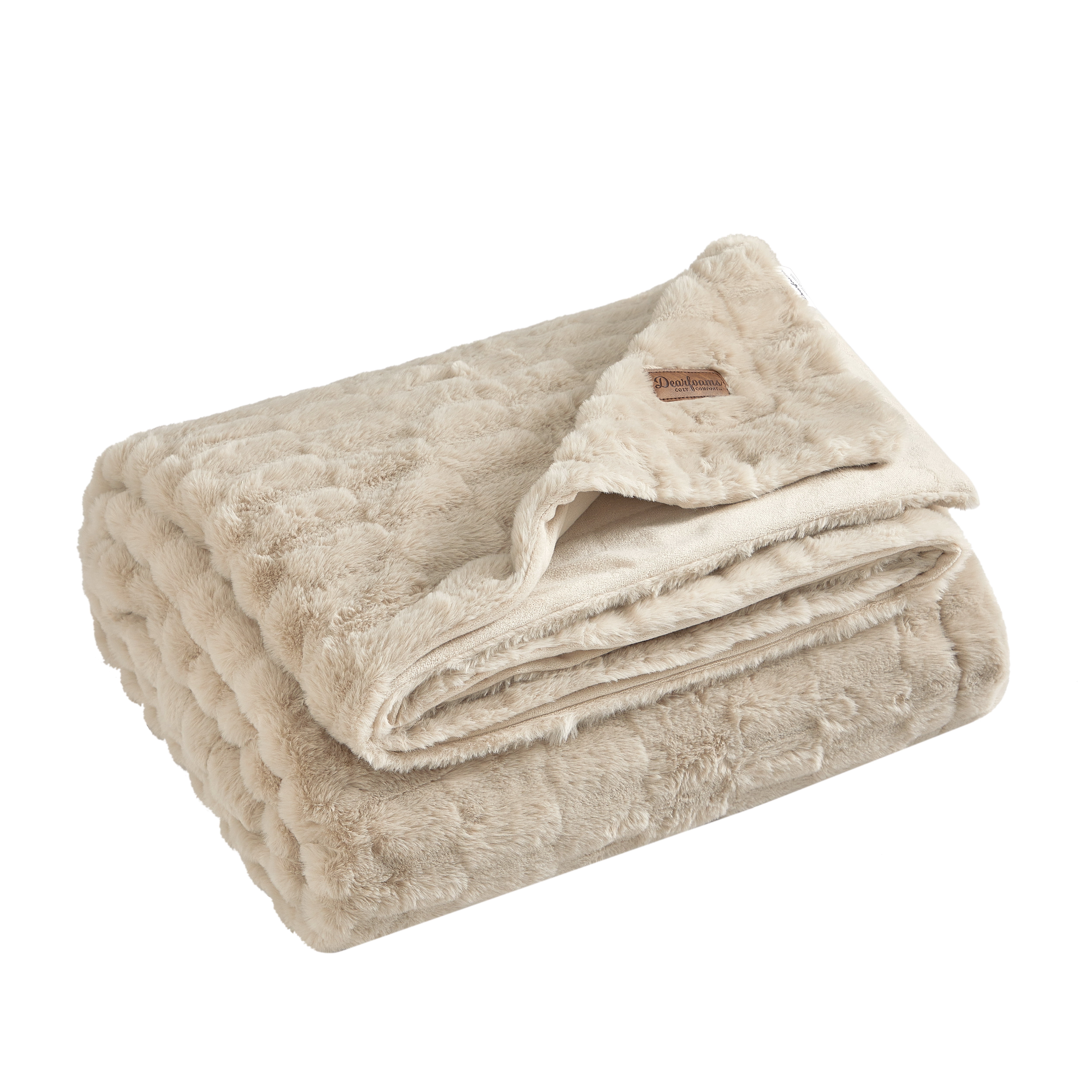 Dearfoams Textured Faux Fur Reversible Mink Bed Blanket, Beige, King, 102 x 90 in