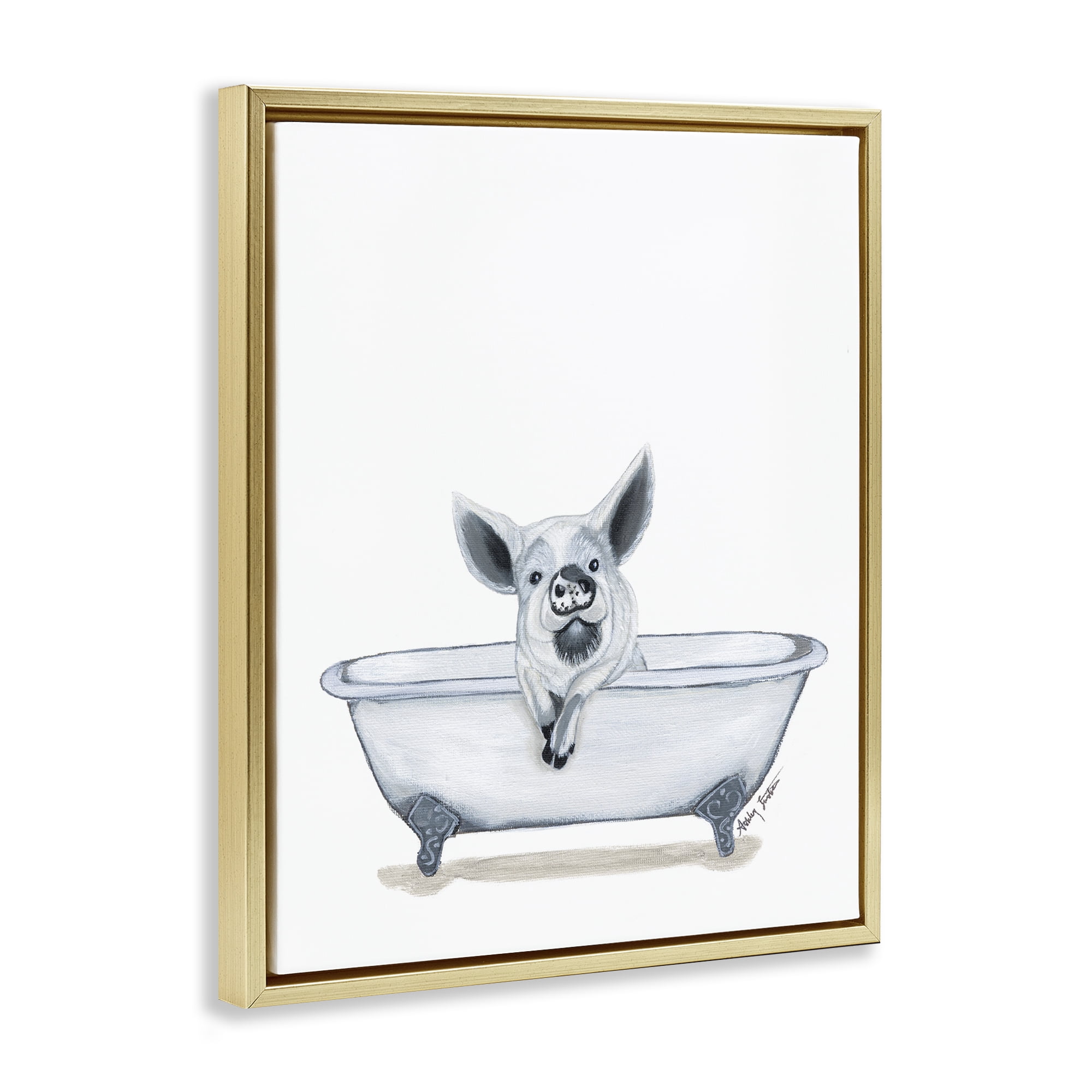 Stupell Industries Pig in Tub Sketch Bath & Laundry Painting Gold Floater Framed Canvas Art Print Wall Art, 25 x 31