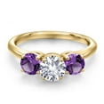 thumbnail image 3 of Gem Stone King 18K Yellow Gold Plated Silver White Created Sapphire and Purple Amethyst Engagement Ring for Women | 1.95 Cttw | Round 6MM | Gemstone September Birthstone | Size 6, 3 of 6