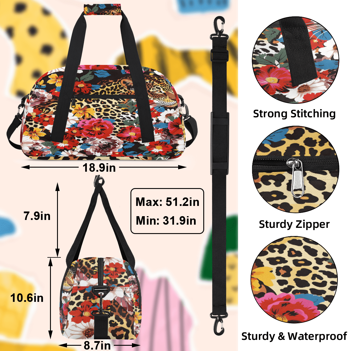 Herdesigns Leopard Cheetah Flower Sports Duffle Bag for Women & Men, Gym Bag Dance Bag Overnight Bag Carry On Weekender Travel Bag