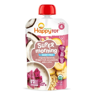 Happy Tot Organics Super Morning Dairy Free Stage 4 Toddler Food, Bananas Dragon Fruit Oats & Chia, 4 oz Pouches (8 Pack)