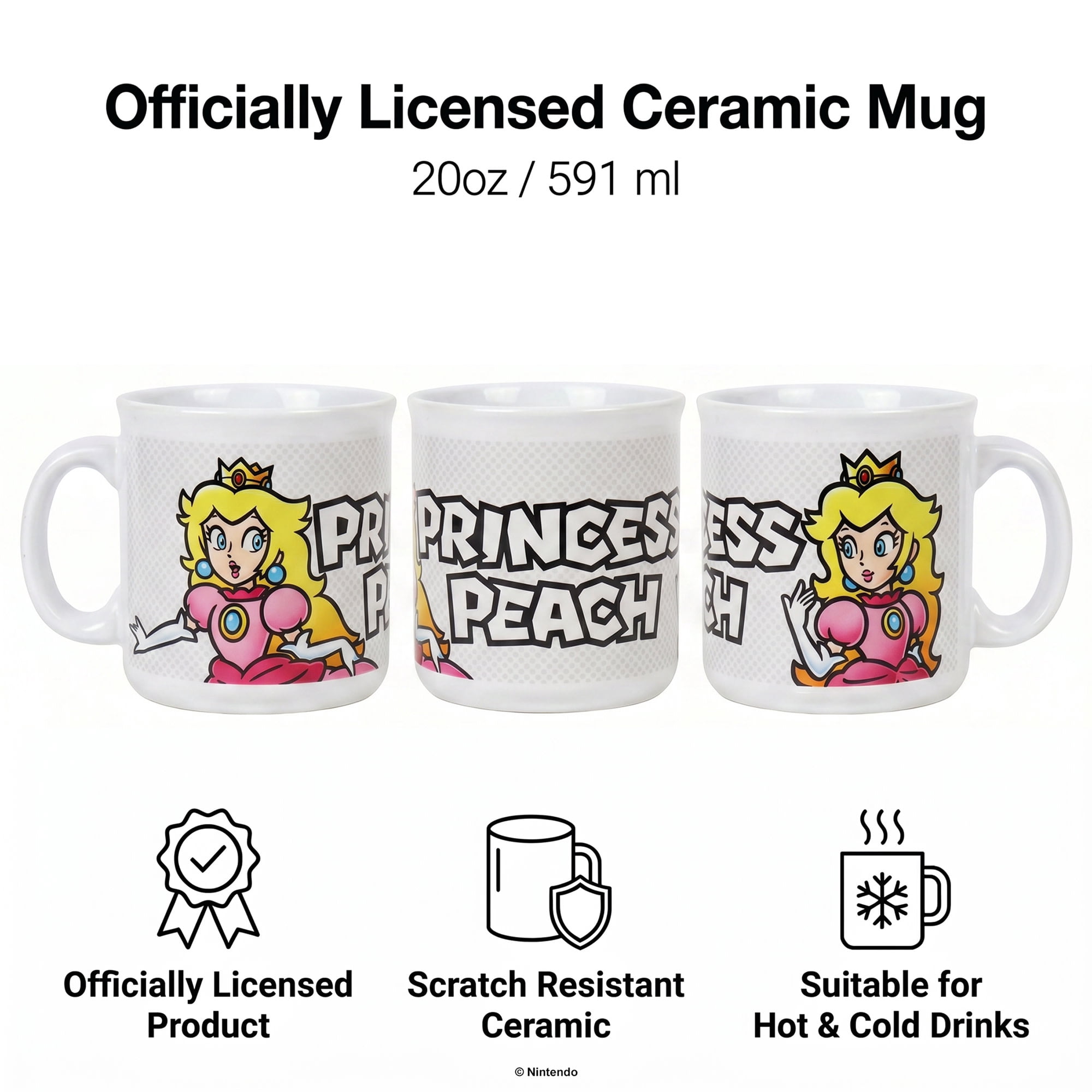 Pyramid America: Super Mario: Princess Peach - 20oz Ceramic Camper Mug - Coffee & Tea Cup, Microwave-Dishwasher Safe, Video Game Collectible, Licensed