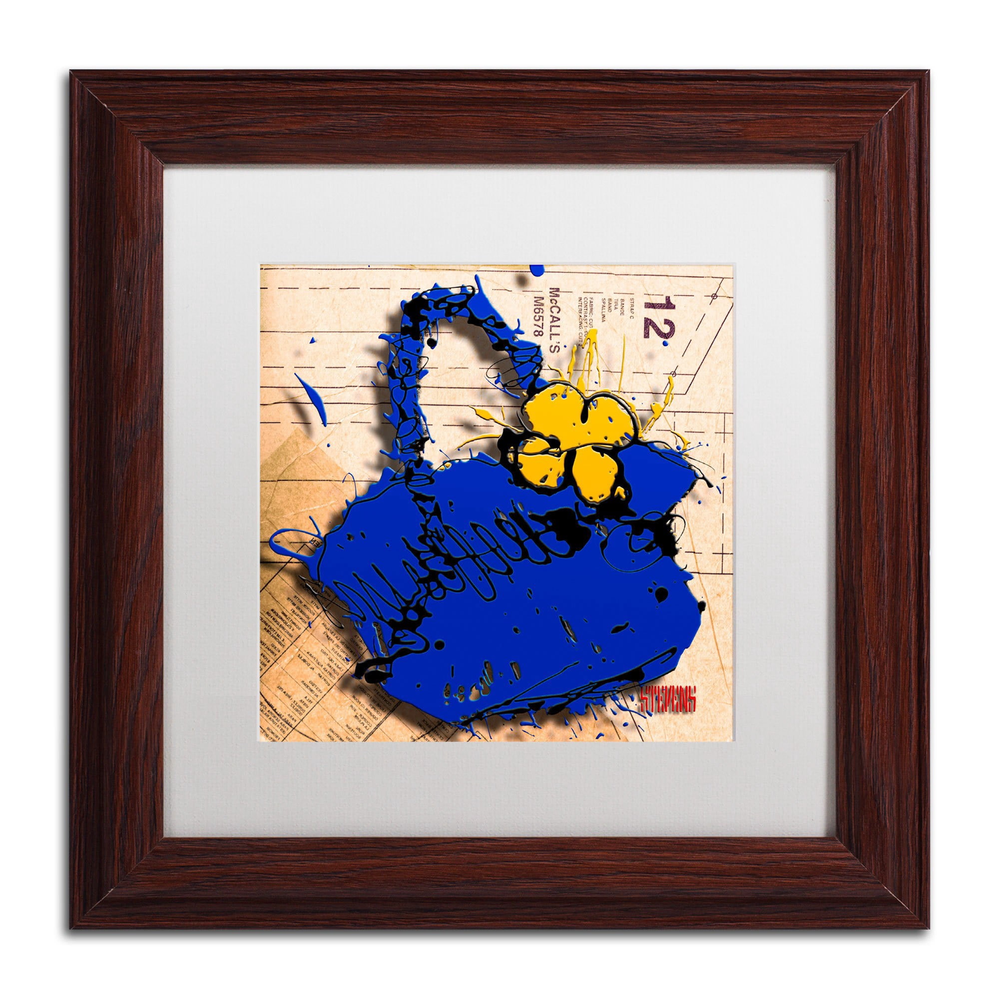 Trademark Fine Art "Flower Purse Yellow on Blue" Canvas Art by Roderick Stevens, White Matte, Black Frame