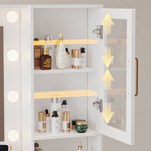 UGTOO 35.4" White Makeup Vanity Desk with LED Mirror, Solid Wood Frame, 5-Drawer Dressing Table, Gold Handles