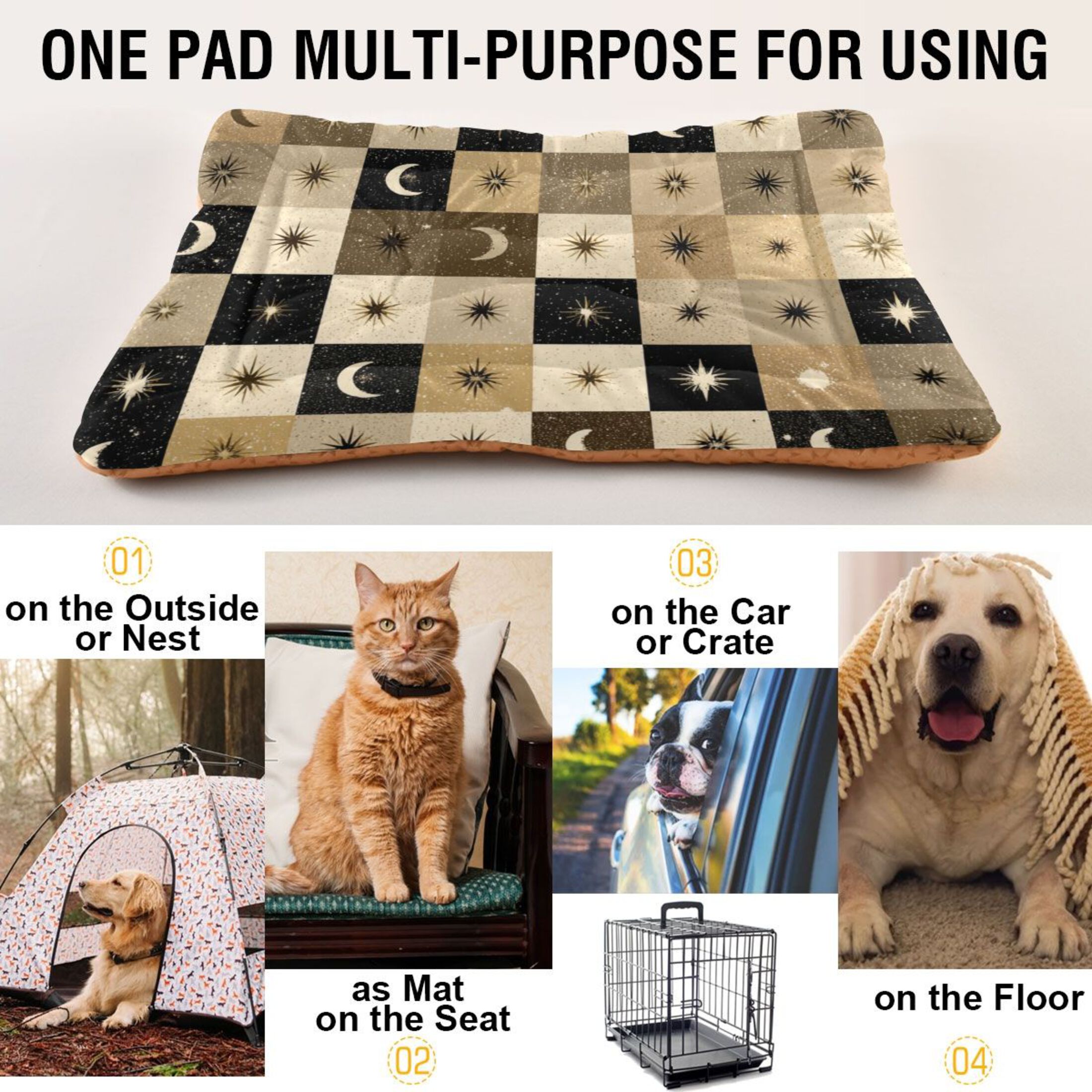 Cozy Mat Pet Bed Indoor Outdoor Warm Soft For Cat Dog Puppy(S/M) Moons Stars Checkered Squares