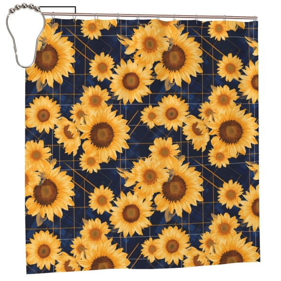 Rateoe Navy Blue Plaid Sunflower Shower Curtain - Fancy Bathroom Shower Curtain Sets - Waterproof Shower Curtain with Hooks with 12 Plastic Hooks 72x72 Inches