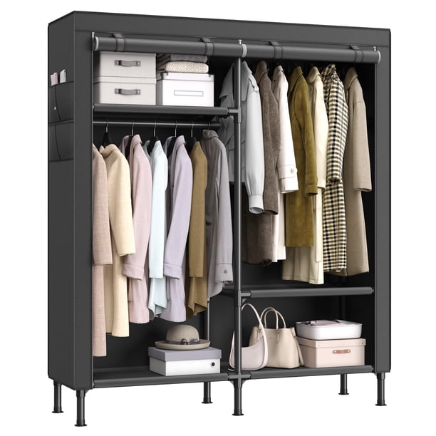 SONGMICS Armario portátil resistente de 65 pulgadas, organizador de armario independiente, perchero con cubierta, 2 rieles para colgar, 3 estantes, 4 bolsillos laterales, negro URDR301B02