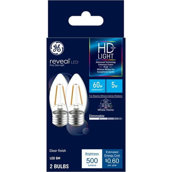 GE Reveal LED Decorative Light Bulbs, 60 Watt Eqv, E26 Medium Base, 2pk