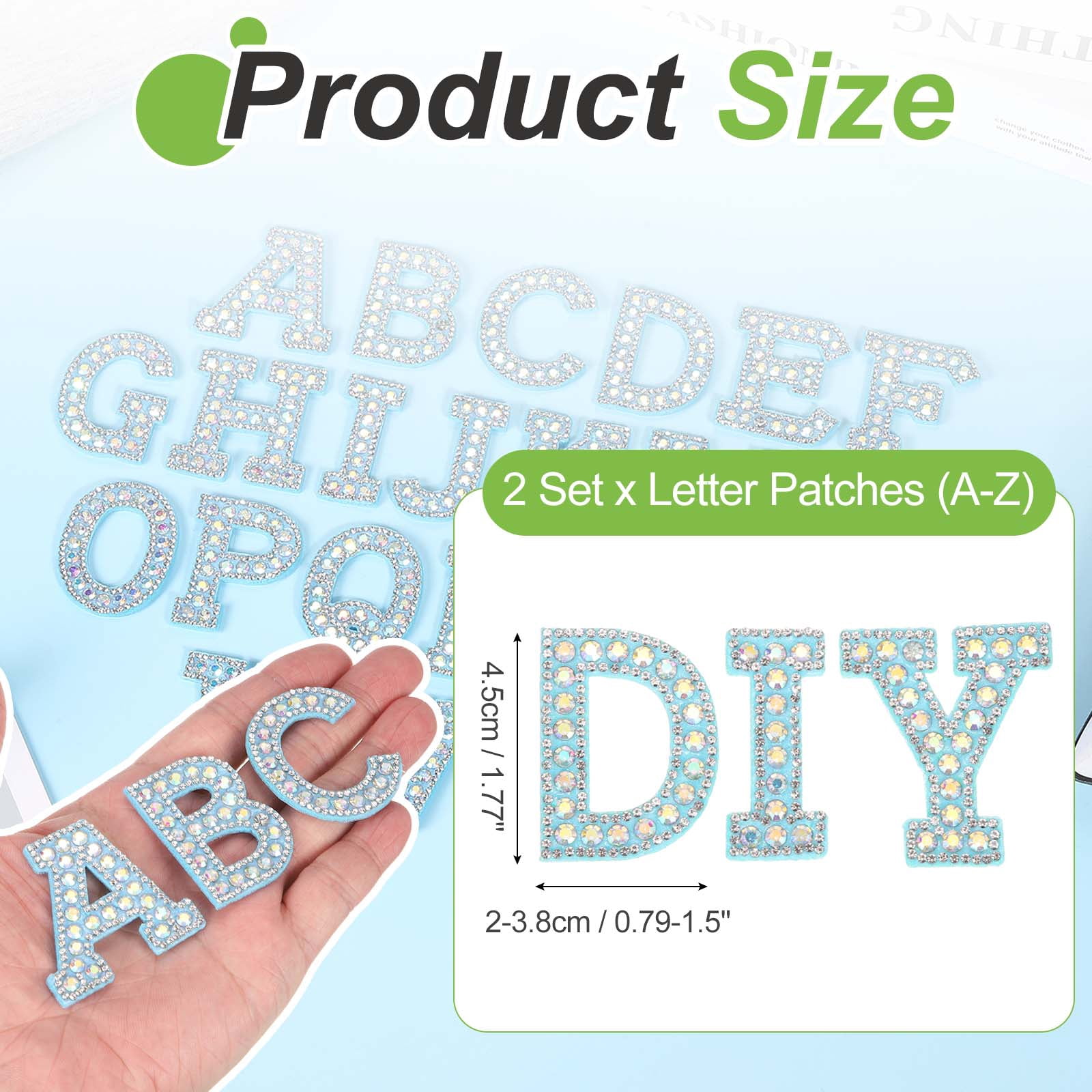 Uxcell 26pcs Letter Iron on Patch Decorative A-Z, Blue Glitter Pearl Alphabet Applique Rhinestone English Letter for DIY Clothing Repair Hat Bag