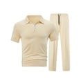 thumbnail image 4 of Cagogo Men Plus Size 2 Piece Outfits Collared Short Sleeve Top Elastic Waist Pants Solid Casual Tracksuit Summer Lounge Matching Set Vacation Travel, Beige XL, 4 of 7