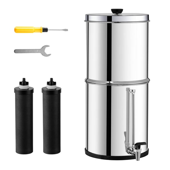 KFFKFF Water Purification Unit, Gravity-Driven, 2.25G Capacity in 304 Stainless-Steel Housing,Efficient in Lead and Chlorine Reduction up to 99%, Equipped with2 Carbon Filters and Liquid Level Faucet