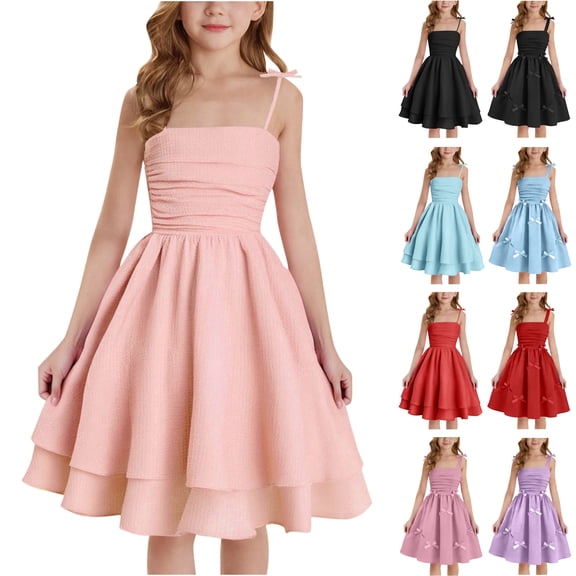 Feancey 2025 Summer Girls Cami Dresses Trendy Adjustable Strap Flowy A Line Dress Elegant Sleeveless Mini Dresses for Tween Girl Black 12-13 Years