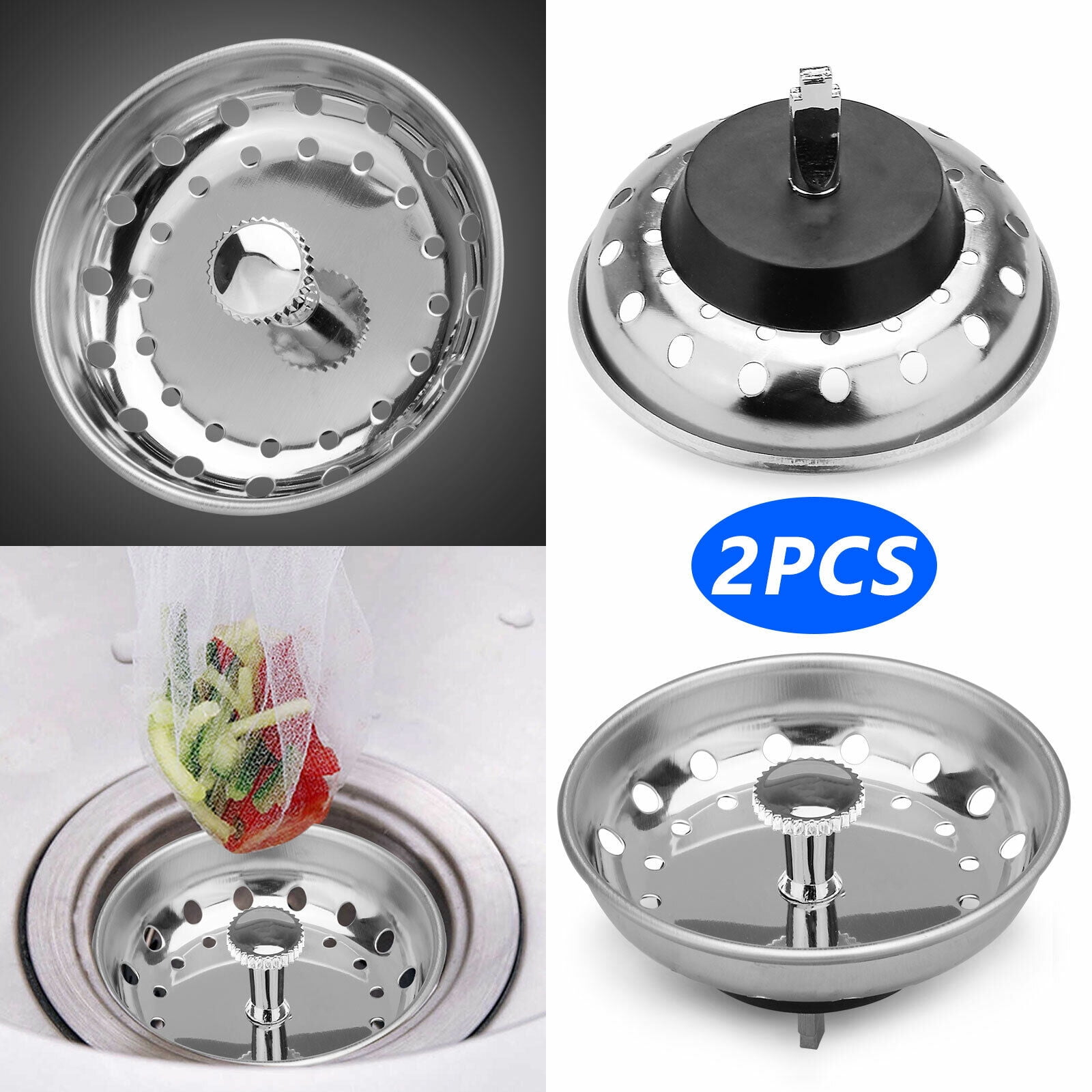 2pcs Stainless Steel Home Kitchen Sink Drain Stopper Basket Strainer Waste Plug
