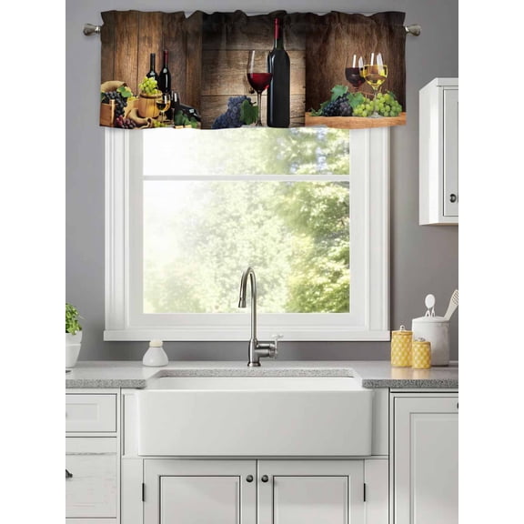 Curtain Valance for Windows,Farm Red Wine Grapes Wine Barrel Kitchen Valances Rod Pocket Short Curtains,Vintage Brown Wood Board Window Treatment Panel for Bedroom Bathroom 42x12in