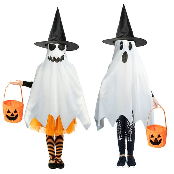 6 Piece Spooky Double Dress Up for Boys&Girls, Hat White Cloak Pumpkin Bag Set for Horror Themed Party Decor