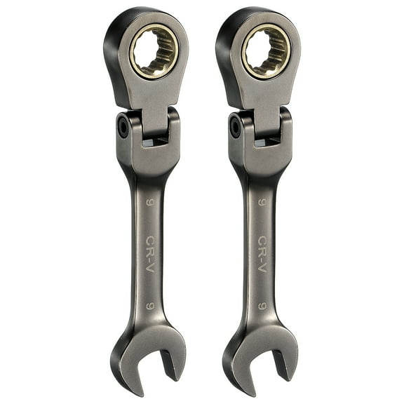 Uxcell 2Pcs Flex Head Stubby Ratcheting Combination Wrench 9mm Metric 72-Teeth CR-V Steel Nickel Plated