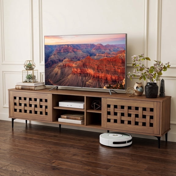 Wood TV Stand for TVs up to 80" with 2 Doors and Open Shelves, Modern TV Media Console for Living Room Bedroom,Walnut