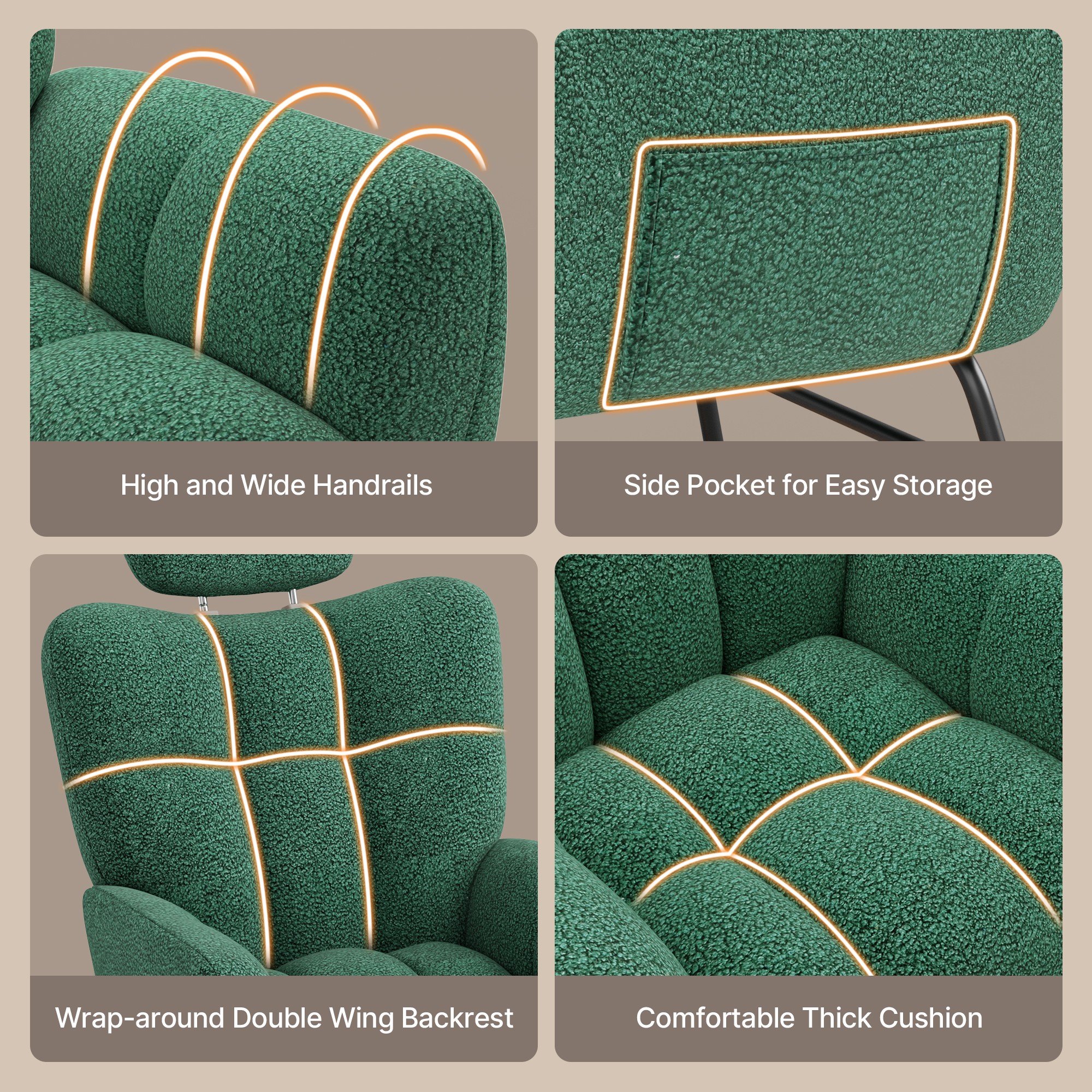 Rocking Chair Nursery, Lofka Upholstered Accent Chair with Comfy Armchair, Padded Seat, Solid Wood Frame for Living Room