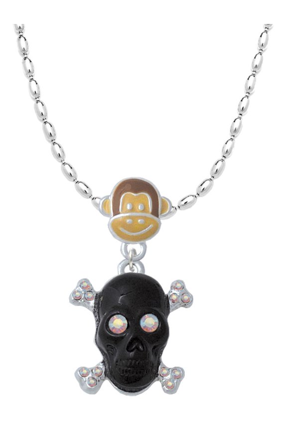 Silvertone Large Black Resin Skull with AB Crystals Mia Monkey Charm Necklace