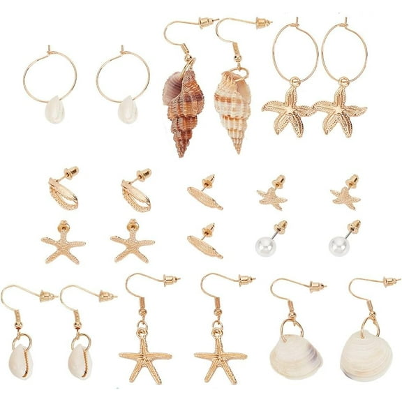 14Pairs Shell Earrings Starfish Stud Earrings Seashells Hoop Earrings Mermaid Costume Jewelry Summer Beach Earrings Accessories