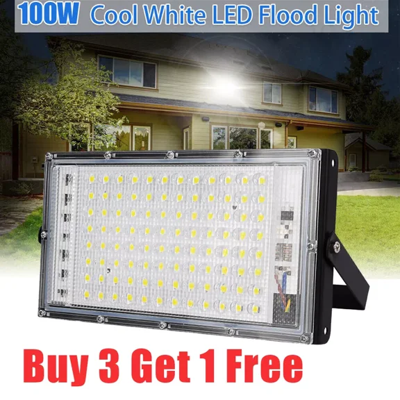 Plug-in 100W LED Flood Light Outdoor Yard Spotlight Security Lamp Cool White