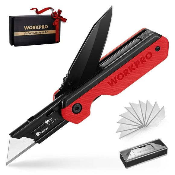 Cuchillo plegable/navaja multiusos WORKPRO 2 en 1 con 10 hojas, color rojo