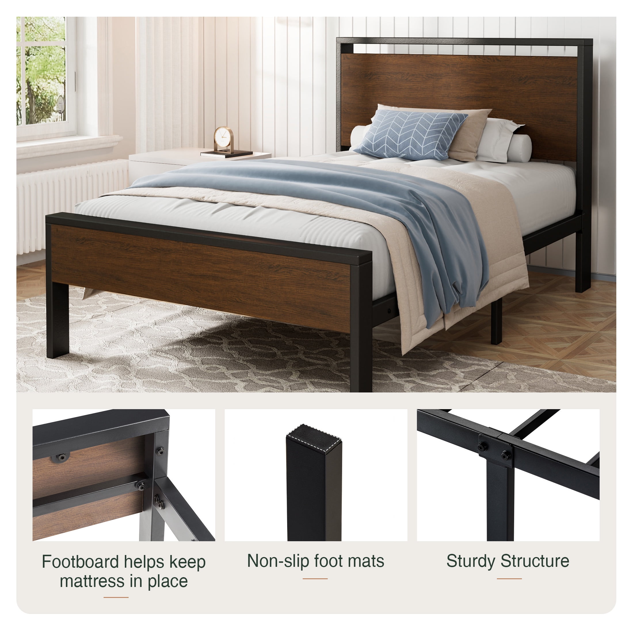 Amolife Twin Size Bed Frame, Heavy Duty Metal Platform Bed with Wooden Headboard & Footboard, No Box Spring Needed, Walnut