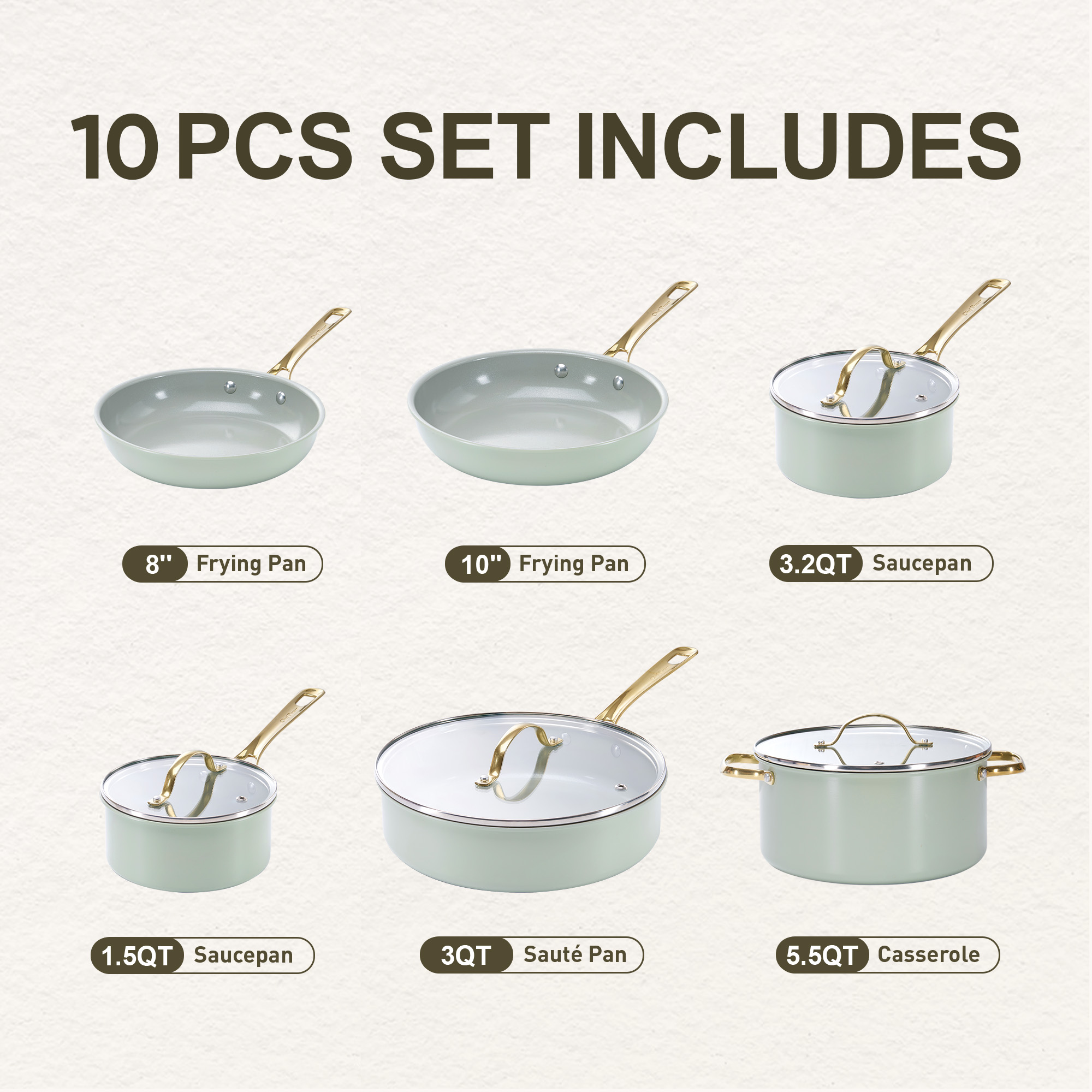 Chef Power 10 Pcs Ceramic Non Stick Cookware Sets, Pots and Pans Set with Stainless Steel Handle, Dishwasher and Oven Safe, Sage green with Light Gold Handle