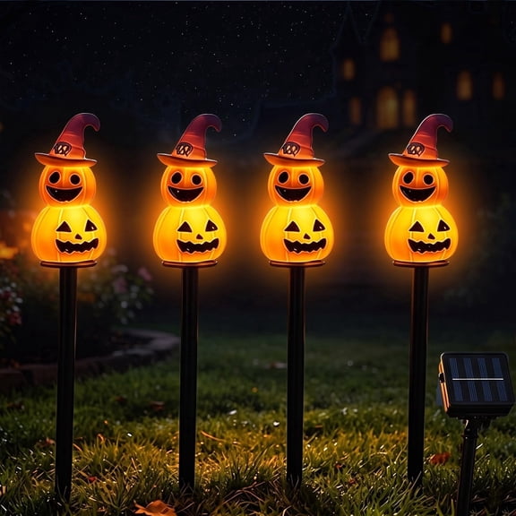 Halloween Decorations Outdoor, 4 in 1 Solar Pumpkin Pathway Lights with 8 Lighting Mode, Waterproof Drop-Resistant Solar Lights for Party Garden Lawn Yard Decor