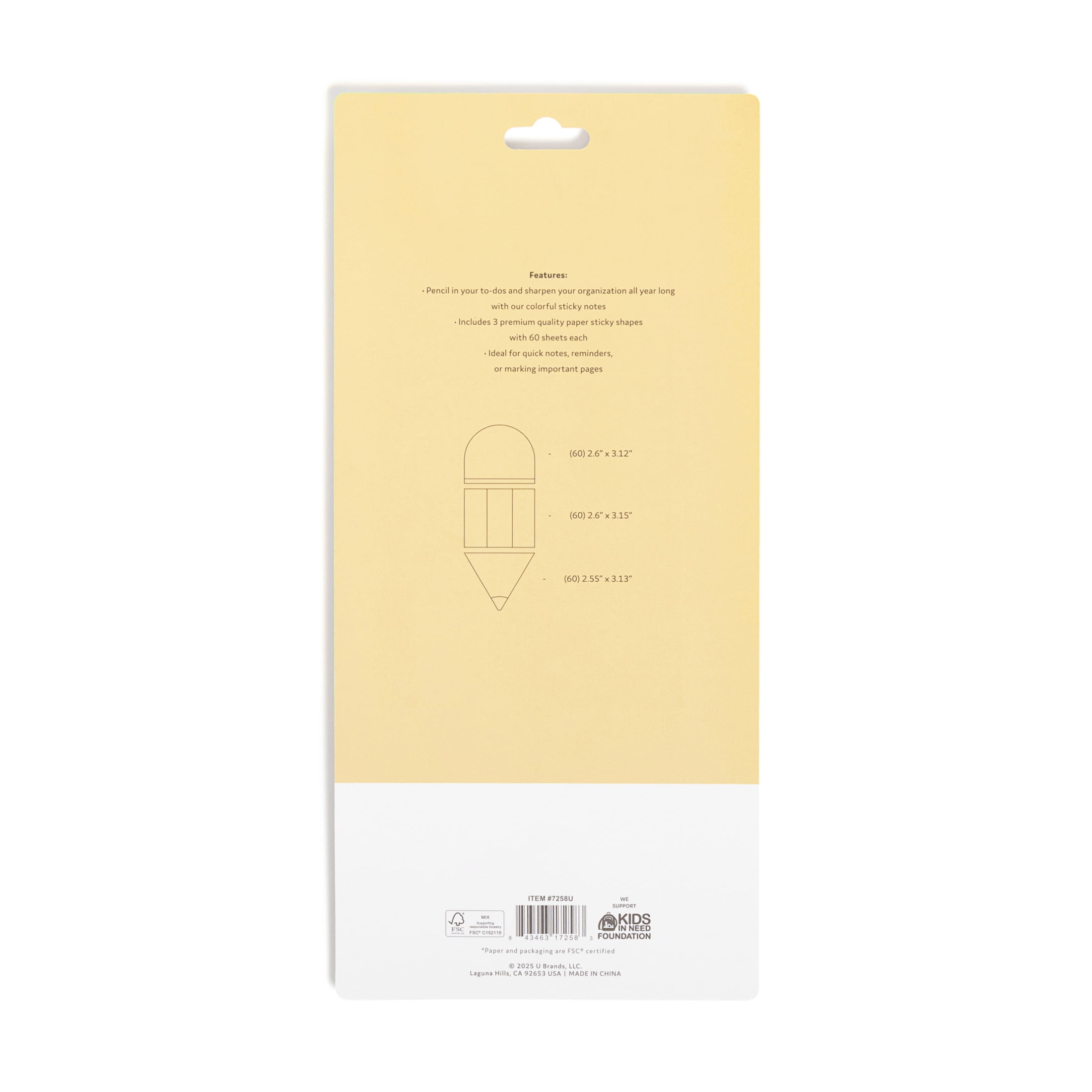 U Brands Sticky Notes, Set of 3, 60 Sheets Each, Pencil, Assorted Sizes