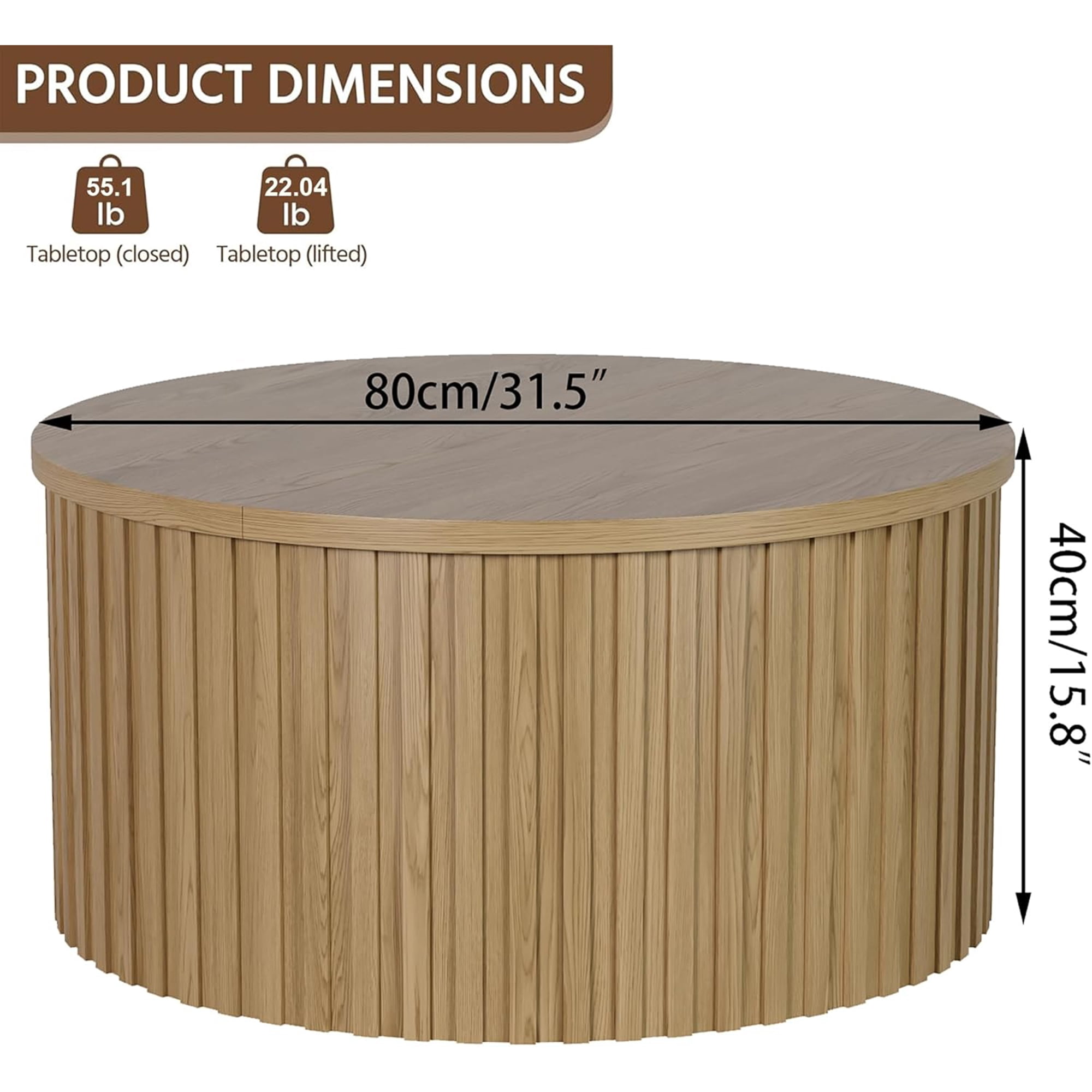 Round Coffee Tables for Living Room, Lift Top Coffee Table with Storage, Circle Center Table for Office, Wood Color