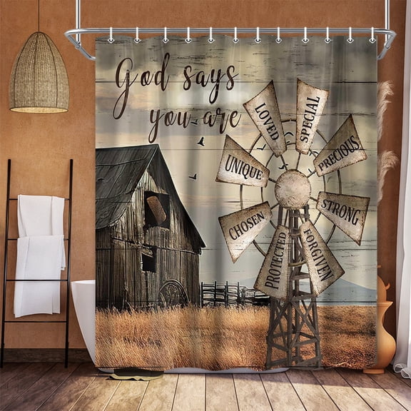 Western Barn Windmill Shower Curtain Sets for Bathroom,Rustic Inspirational Quotes Country Vintage Shower Curtains, Waterproof Farmhouse Bathroom Bathbub Decor Curtains with Hooks 69X70 in