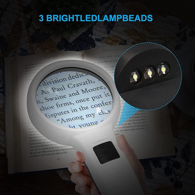 Lupa con luz, lupa de mano grande 30x con 3 luces LED para degeneración macular, lectura de ancianos, soldadura, inspección, co
