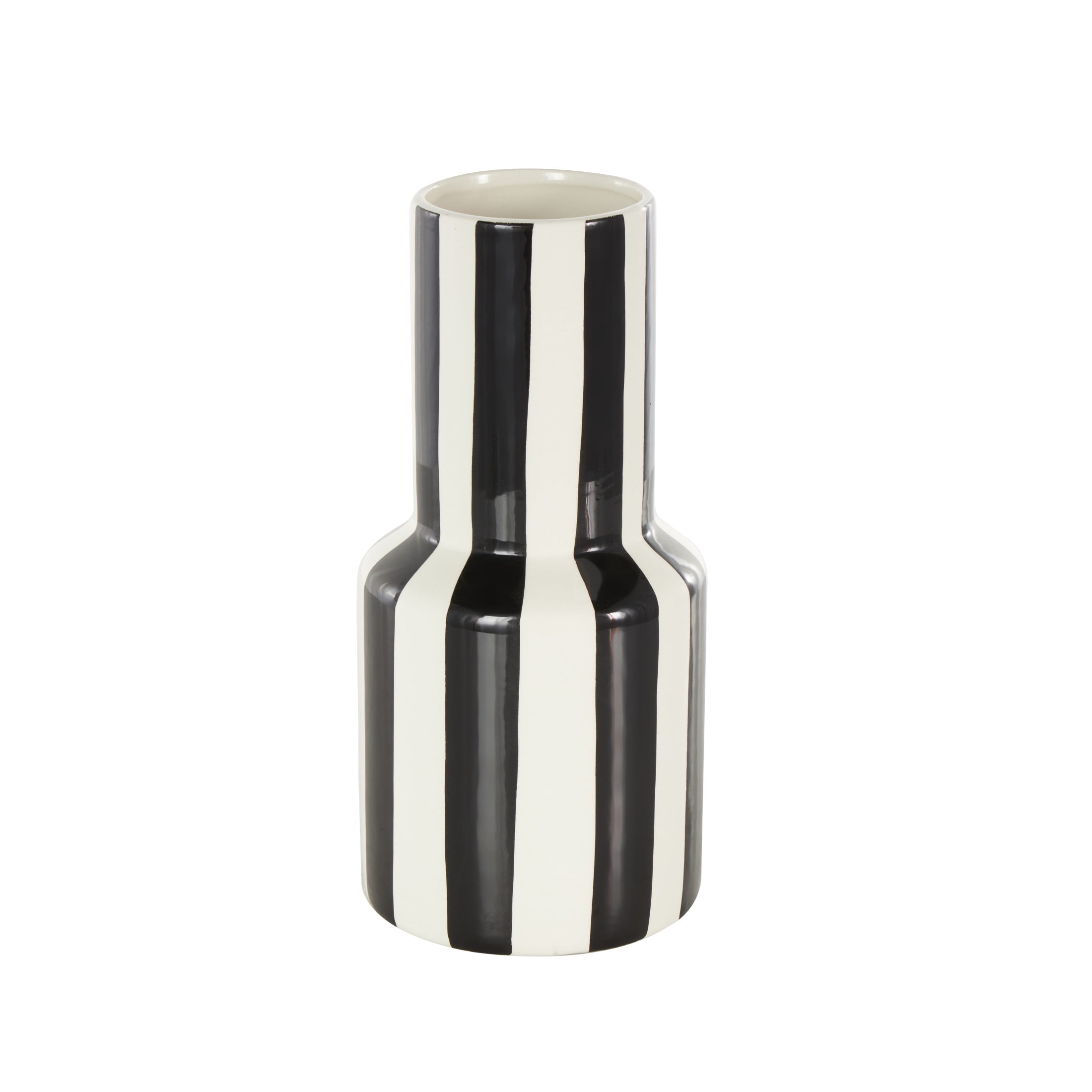 DecMode 11" Round Black Ceramic Vase with White Vertical Stripes
