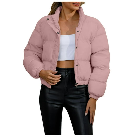 Women's Solid Color Short Padded Jacket Women's Long Sleeve High Neck Warm Coat
