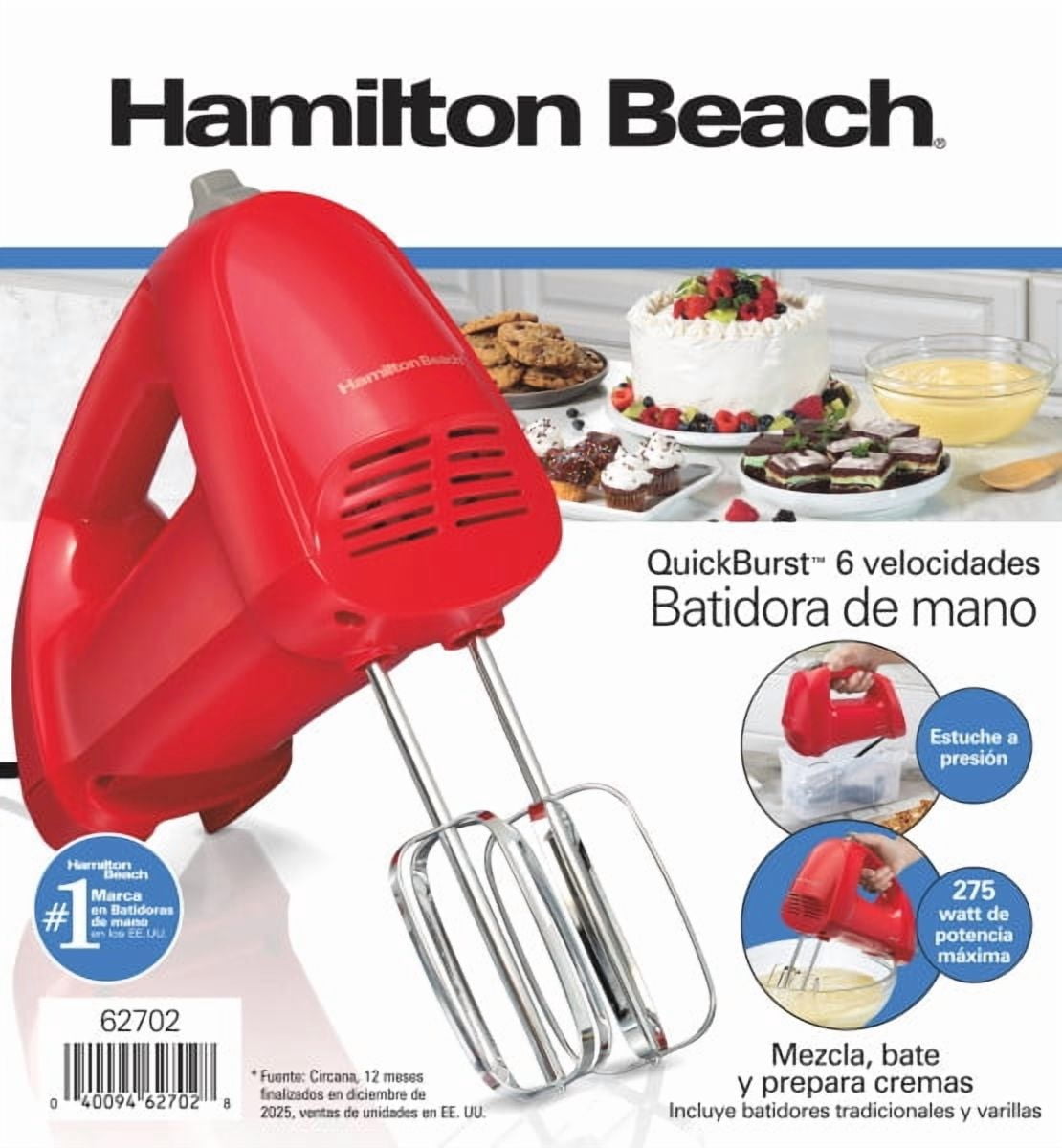 Hamilton Beach 6 Speed Hand Mixer with QuickBurst, Includes Snap-On Storage Case and 3 Attachments, Red