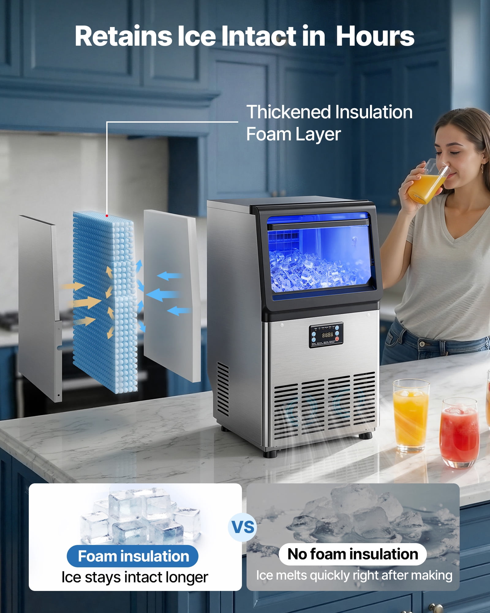 VEVOR Commercial Ice Maker Machine, 90 lbs/24h with 13 lbs Storage Capacity, Countertop/Freestanding/Under Counter, Stainless Steel Ice Maker with LED Display & Self-Cleaning, for Home Bar Restaurant