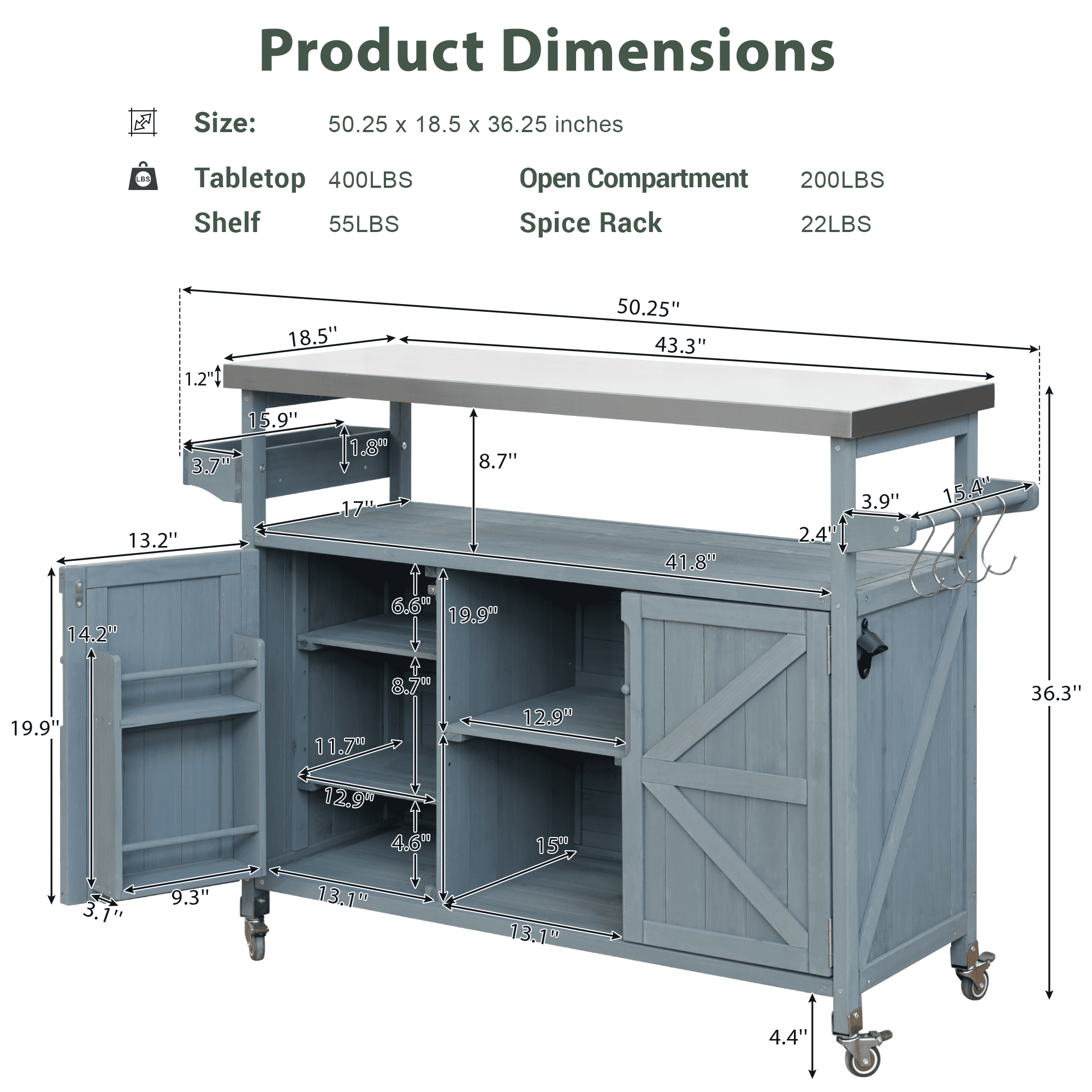 EUROCO 54.3" Outdoor Farmhouse Kitchen islands Cart with Storage on Wheels, Solid Wood Cart with Stainless Steel Top, 2 Doors and Towel Rack, Spice Rack Rolling Cart for Kitchen&BBQ , Grey Blue