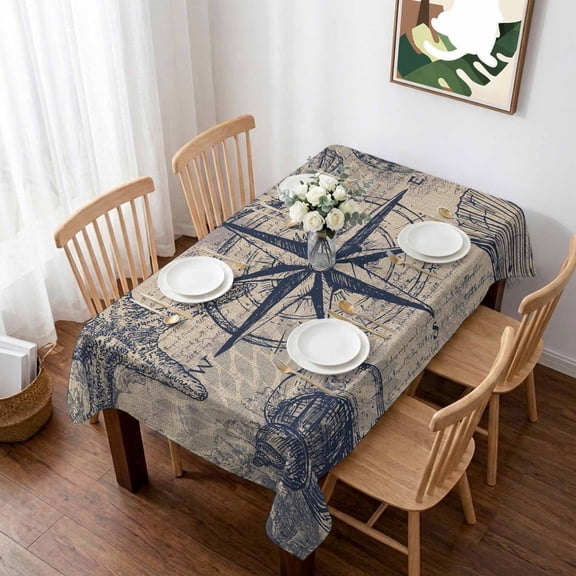 Ocean Compass Table Cloth Waterproof Tablecloths, Vintage Coastal Starfish Shell Conch Beige Tablecloth Dining Table Cover for Kitchen Party Tabletop Outdoor, Rectangle Tablecloth 52x70 Inch