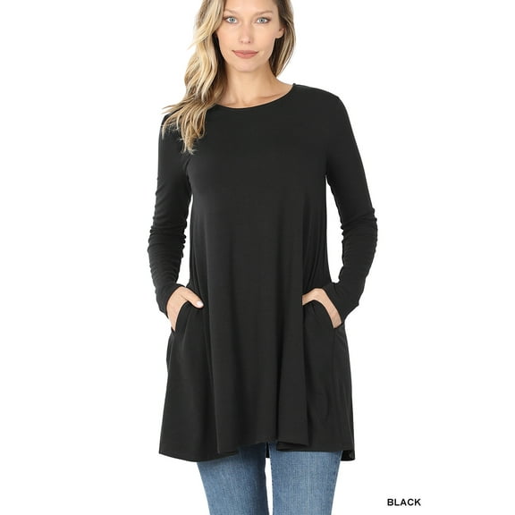 Zenana Women & Plus Long Sleeve Jersey Flared Tunic Top with Side Pockets