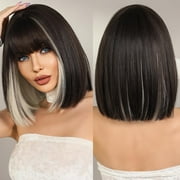 Creamily 12 Short Wig for Women Short Bob Wigs with Bangs Synthetic Glueless Straight Black Bob Wigs with Grey Highlight