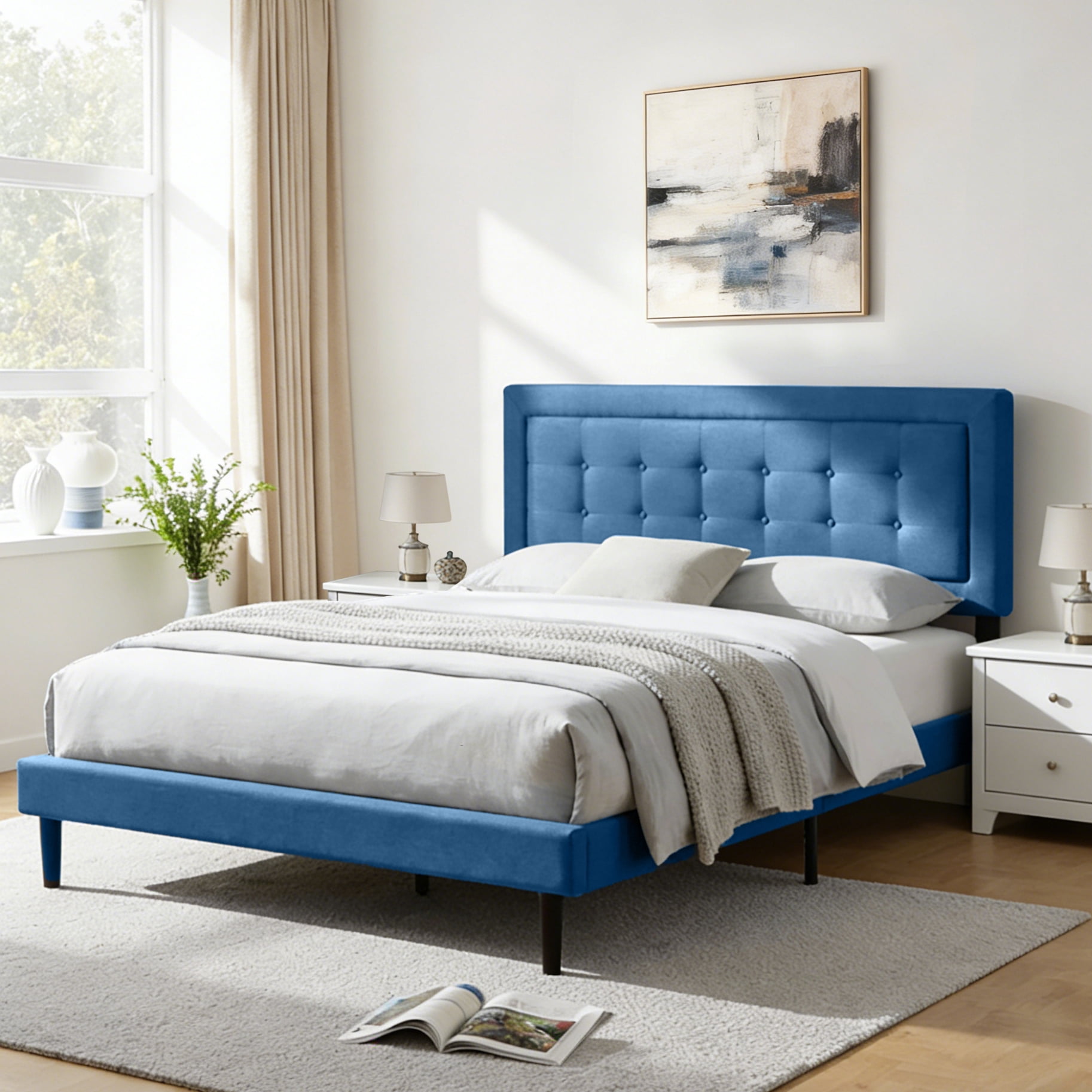 Gewnee Queen Size Upholstered Platform Bed Frame, Tufted Headboard, Solid & Manufactured Wood, Wood Slat Support, Under Bed Clearance for Robot Vacuum, for Bedroom， Dark Blue Linen