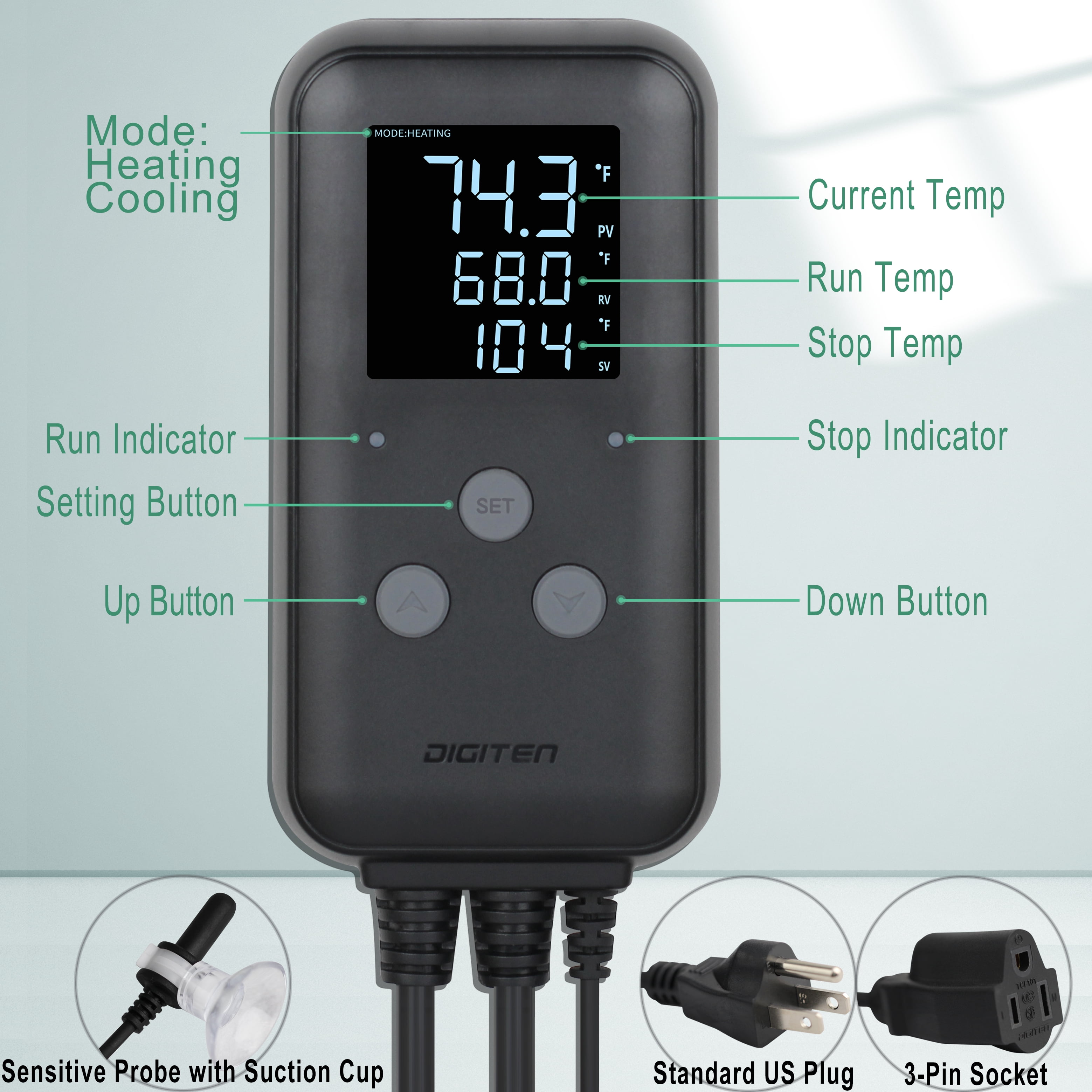 DIGITEN Waterproof Temperature Controller DTC310 Digital Temperature Controller Aquarium Temperature Controller Greenhouse Thermostat for Heater 10A Outdoor Heat Mat Thermostat Controller for Seedling
