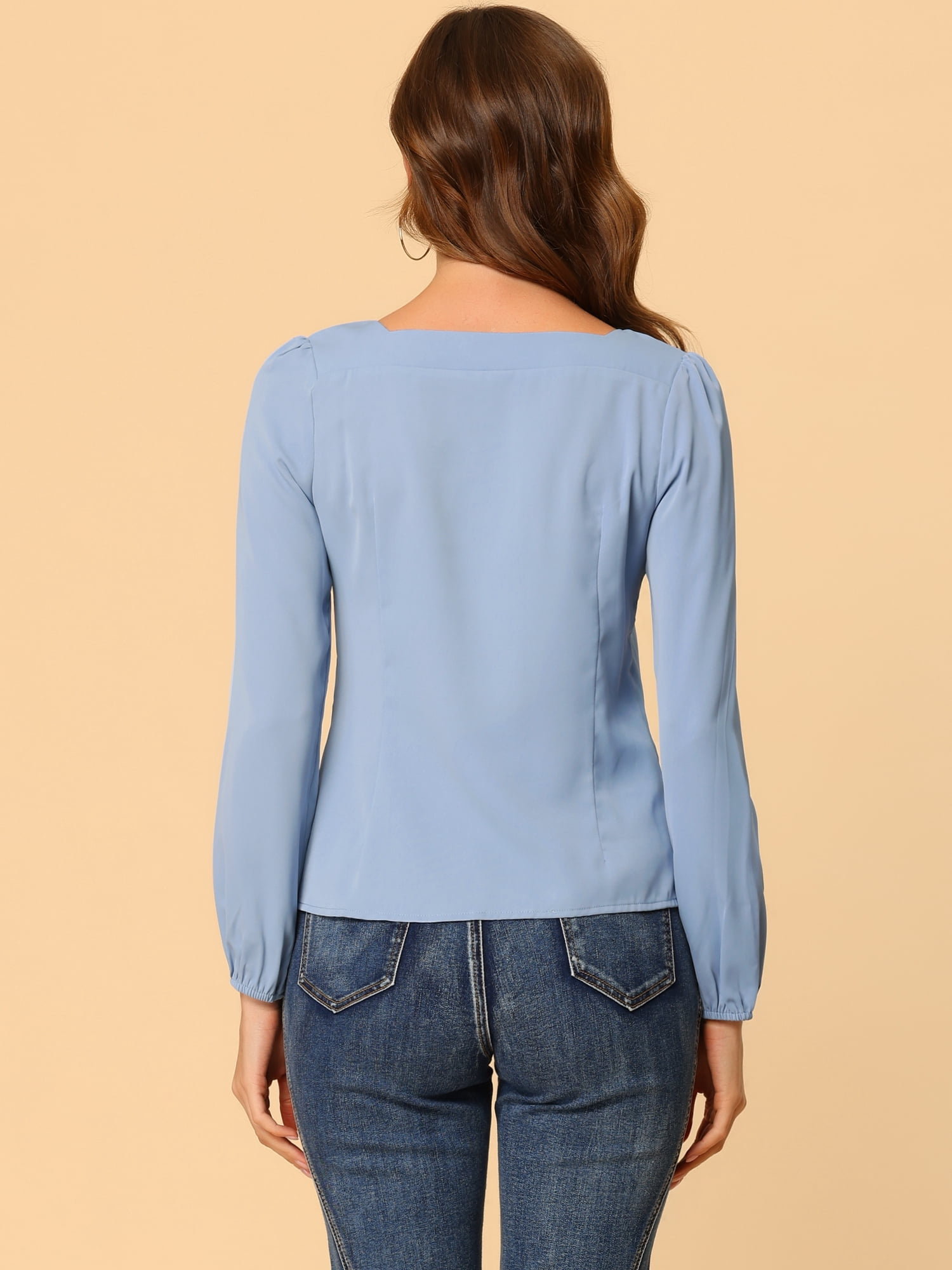 DARING DIVA Women's Pleated Front Casual Long Sleeve Square Neck Blouse XS Blue Gray